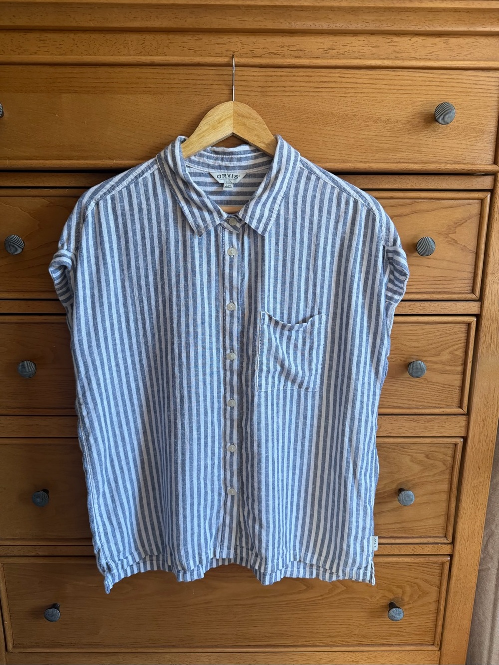 Orvis Linen Blend Blouse Striped Womens L Blue White Coastal Nautical Lagenlook